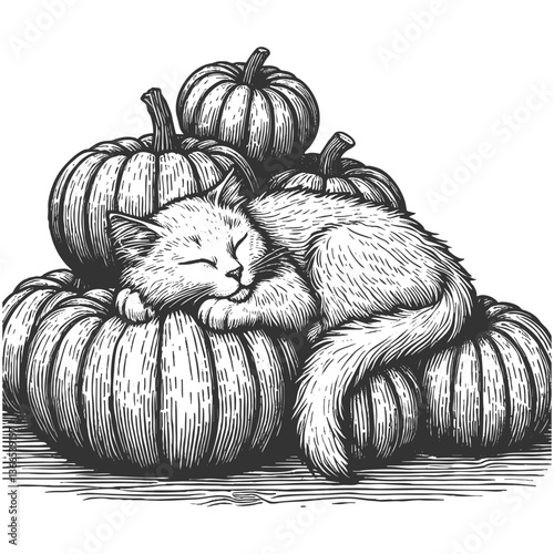 Sleeping Cat Resting Peacefully on Autumn Pumpkins