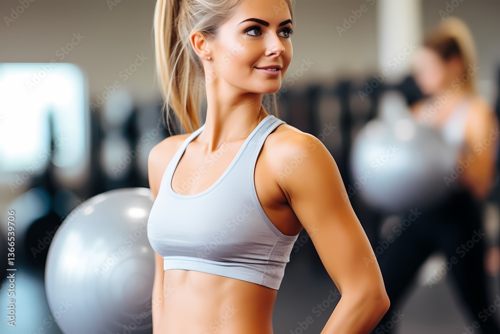 Fototapeta premium A woman is standing in a gym with a ball in her hand