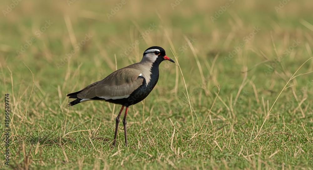 Fototapeta premium Elegant crowned lapwing standing gracefully in verdant African grassland