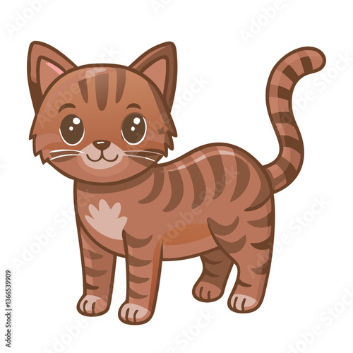 A charming cartoon cat with brown stripes and a playful posture. The cute kitten stands with an adorable look on its face and a swishy tail