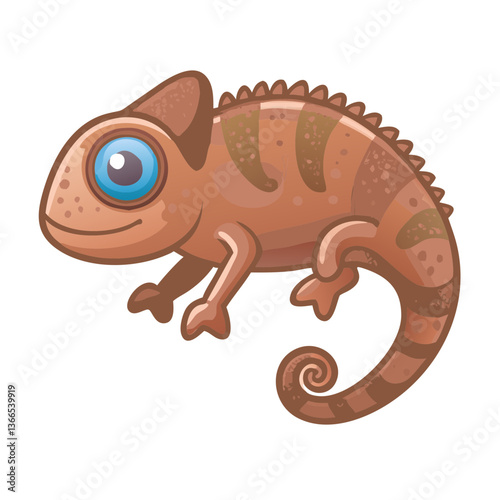 a cute cartoon chameleon with brown and tan pattern. The chameleon has big blue eyes and a curly tail