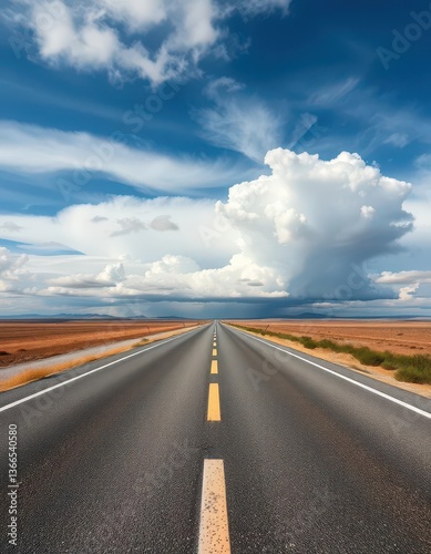Panoramic view of asphalt road stretching towards a cloudy horizon, outdoor, way