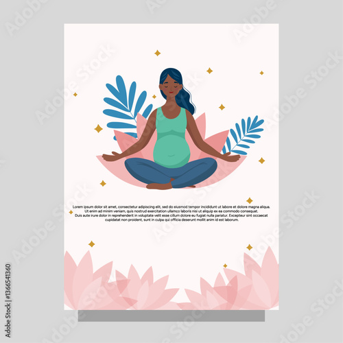 Pregnant woman doing yoga meditation. Calmness, peaceful, harmony pregnancy. Mindfulness relax woman card 