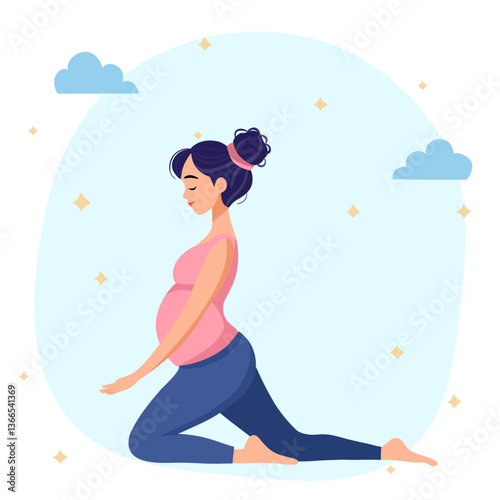 Pregnant woman doing yoga and meditation. Calmness, peaceful, harmony posture pregnancy period. Community mindfulness relax peace and clear mind 