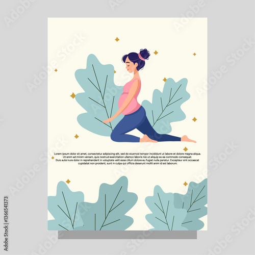 Pregnant woman doing yoga meditation. Calmness, peaceful, harmony pregnancy. Mindfulness relax woman card 