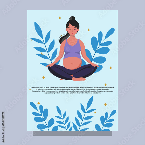 Pregnant woman doing yoga meditation. Calmness, peaceful, harmony pregnancy. Mindfulness relax woman card 