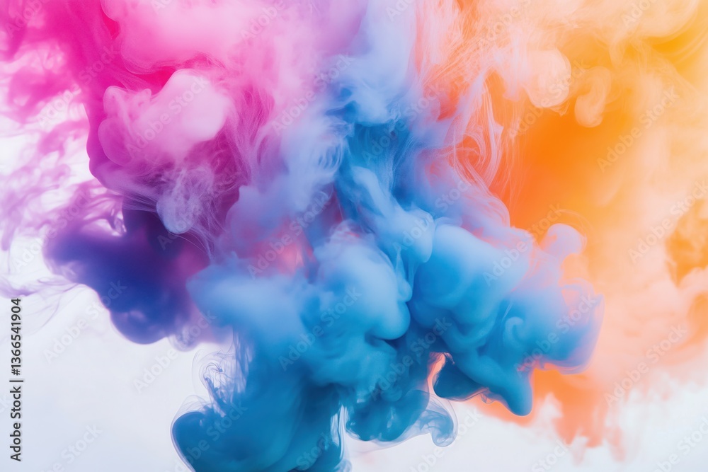 Fototapeta premium A dramatic action shot of billowing plumes of pink, blue, and orange dense smoke swirling in the air, set against a minimal background.