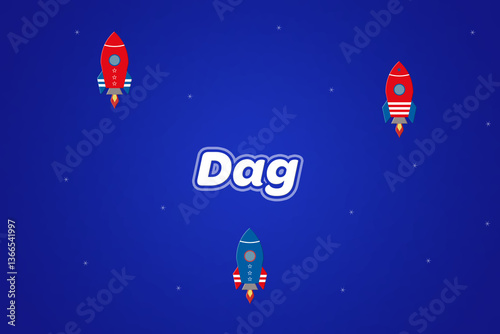 Dag male boy name illustration in blue with rockets.