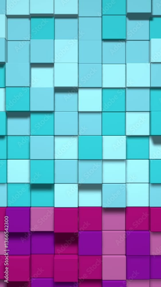 Geometric mosaic waves pattern. Construction of hills landscape using multicolored blocks, blue sky. Pixel background. 3d animation loop