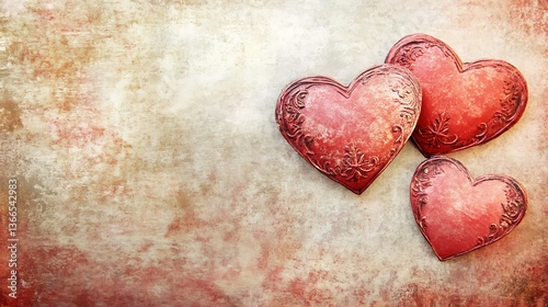 Three Ornamental Red Hearts Placed on a Textured Surface