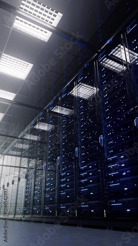 Modern interior server room data center. Cloud computing datacenter server room. Connection and cyber network. Backup, mining, hosting, mainframe, farm, cloud and computer rack