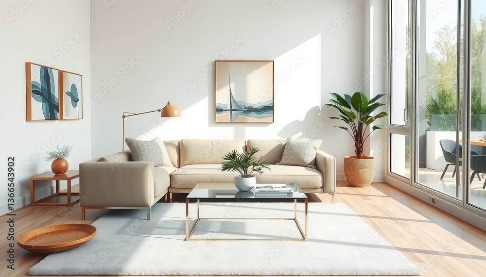 Fototapeta premium Bright, modern living room interior featuring stylish beige sofas, minimalist decor, and abundant natural light from large windows.