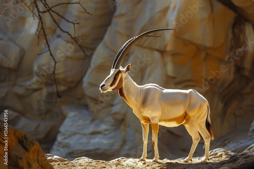 Scimitar Horned Oryx Revival Extinct Reintroduced scimitar horned oryx extinct wild been reintroduced North African desert Depict scimitar horned oryx standing proudly sunlit desert oasis long curved photo