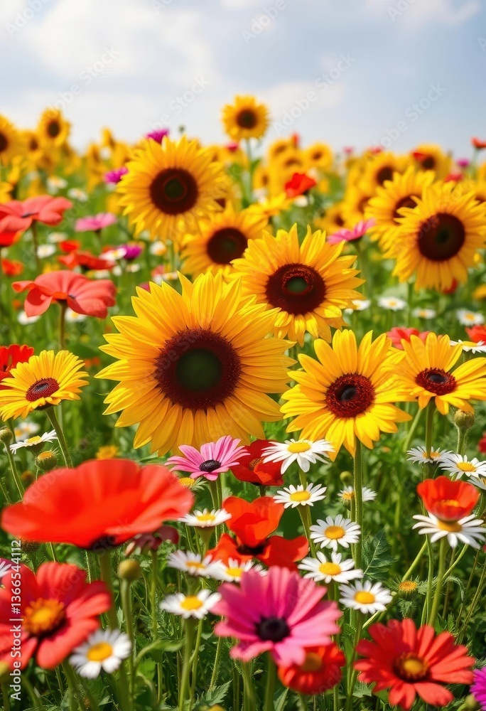 Obraz premium Vibrant sunflowers, poppies, and daisies in a summer meadow, blossom, petals, summer flowers