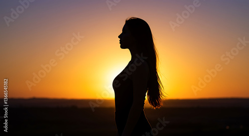 Silhouette of Woman Watching Colorful Sunset in Nature Serene Moment