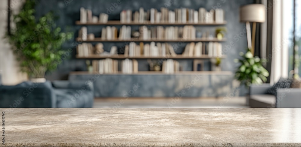 Empty Tabletop in Stylish Living Room with Bookshelf Background Empty Tabletop in Stylish Living Room with Bookshelf Background