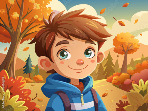 vector of Autumn child, close up face. Happy kid boy walking in autumn park, beautiful child in warm jacket sweater on the autumn nature background.
