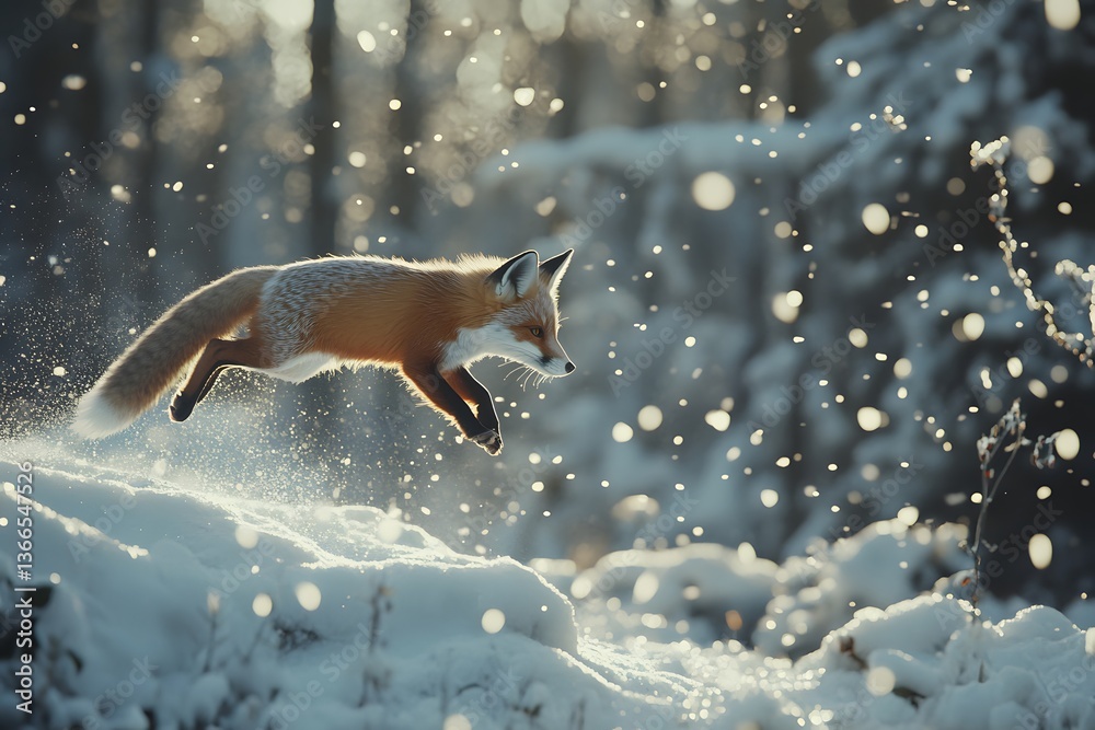 Obraz premium Red Fox Leaping Through Snow