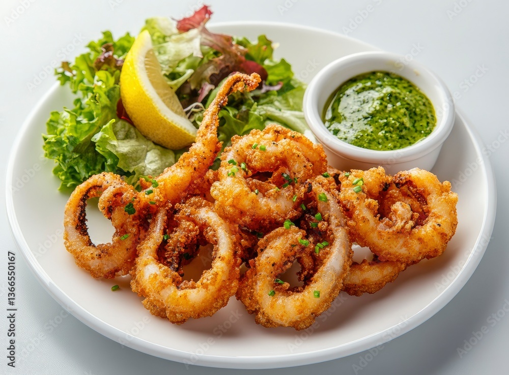 Serving of Fried Calamari with Lemon and Green Sauce on Plate Serving of Fried Calamari with Lemon and Green Sauce on Plate