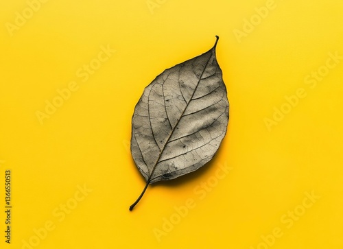 Dry Leaf Detailed Texture on a Vibrant Yellow Background Flat Lay