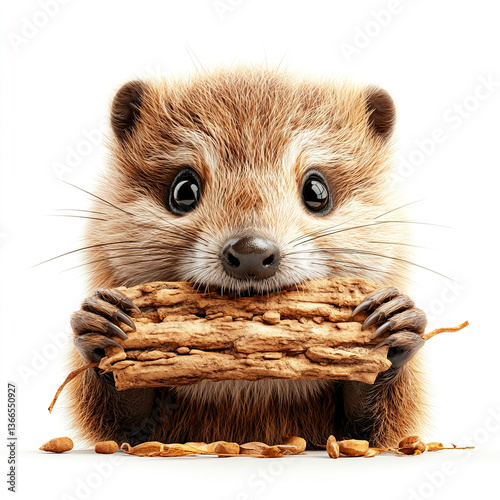 Curious animal with wooden snack : A captivating image presents an endearing tiny creature, its expressive eyes wide with curiosity, clutching a wooden snack.