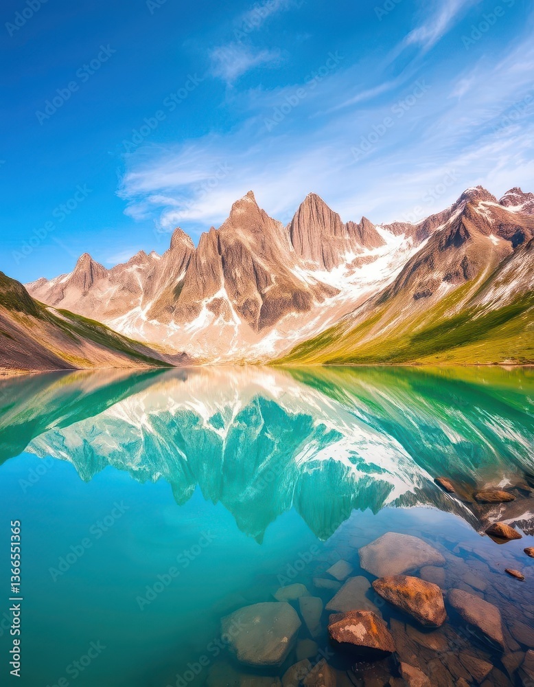 Obraz premium Jagged peaks reflected in still, turquoise alpine lake, summit, majestic