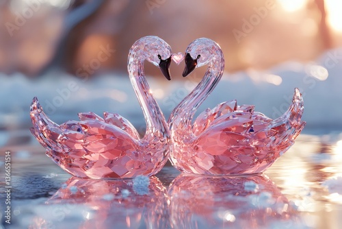 Fototapeta Naklejka Na Ścianę i Meble -  Two crystalline swans with pink hues are facing each other in a soft light, creating a romantic and elegant atmosphere.  