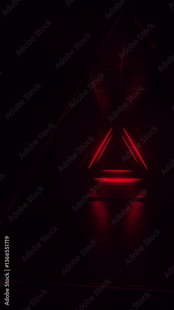 Abstract red futuristic background. Space from glowing neon light tubes of astera on black background. Technology, VJ concept. Tunnel interior view from a triangle. Led lamp. 3d loop animation 4K