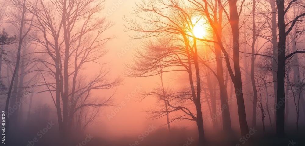 Fototapeta premium Misty dawn in a serene, silent woodland Sunlight filters through fog-laden trees, tranquil, fairytale