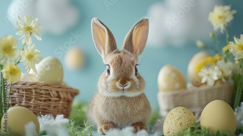 Charming Easter Bunny Surrounded by Colorful Eggs and Flowers in a Bright Spring Setting for Promotional Use