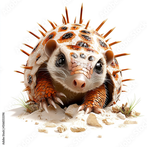 Creature of Spiked Armour: A unique creature, blending the features of an armadillo and a hedgehog, showcases a striking mix of protection and charm. It appears on a sandy base.