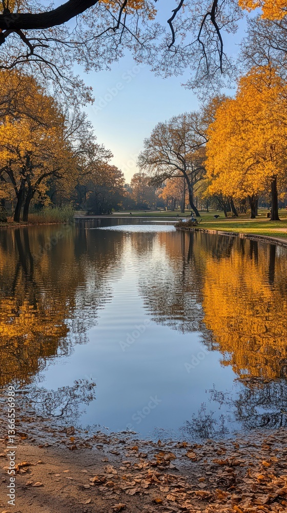 Fototapeta premium Autumn park pond reflection