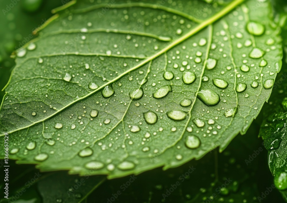 Close Up of Fresh Green Leaf with Water Droplets After Rain Close Up of Fresh Green Leaf with Water Droplets After Rain