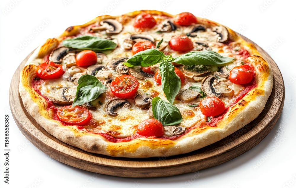 Delicious Mushroom Pizza with Tomato and Basil on Wooden Plate Delicious Mushroom Pizza with Tomato and Basil on Wooden Plate