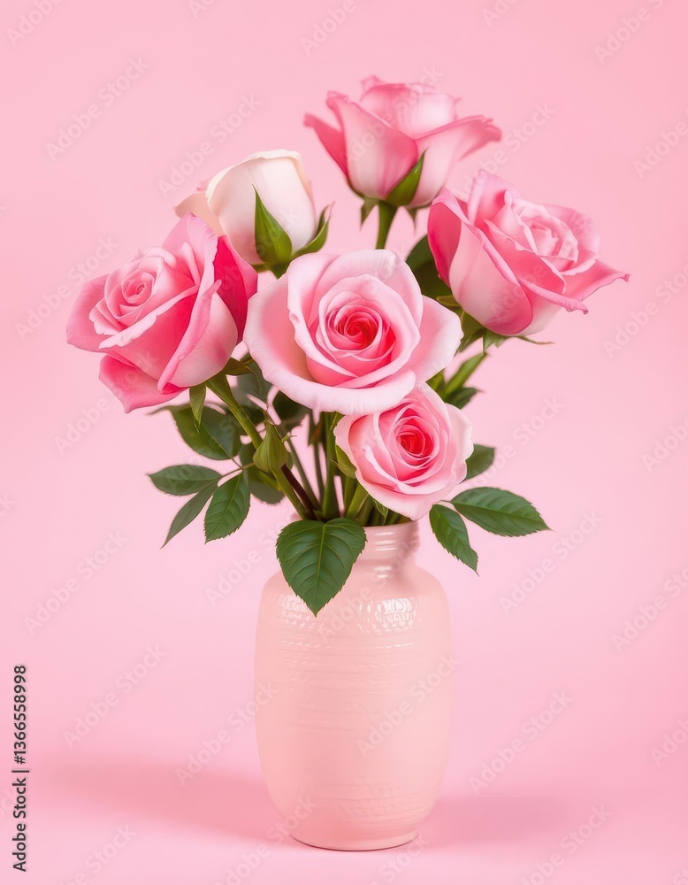Delicate pink roses in a textured pink vase on a matching background, textured background, stem Delicate pink roses in a textured pink vase on a matching background, textured background, stem