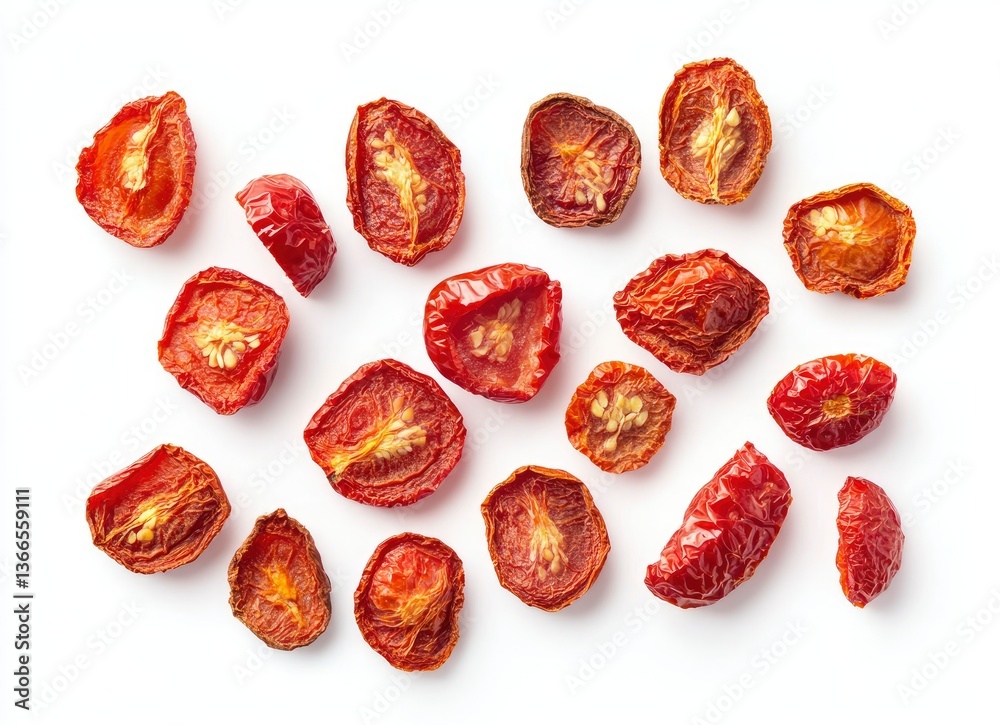 Dried Tomato Halves Scattered on White Background, Delicious Culinary Ingredient Dried Tomato Halves Scattered on White Background, Delicious Culinary Ingredient