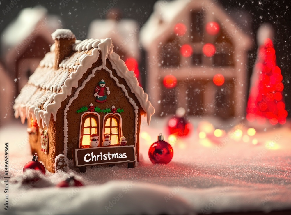 Festive Gingerbread House Display with Christmas Decorations and Falling Snow Festive Gingerbread House Display with Christmas Decorations and Falling Snow
