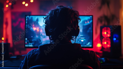 A gamer at a computer in a dark room