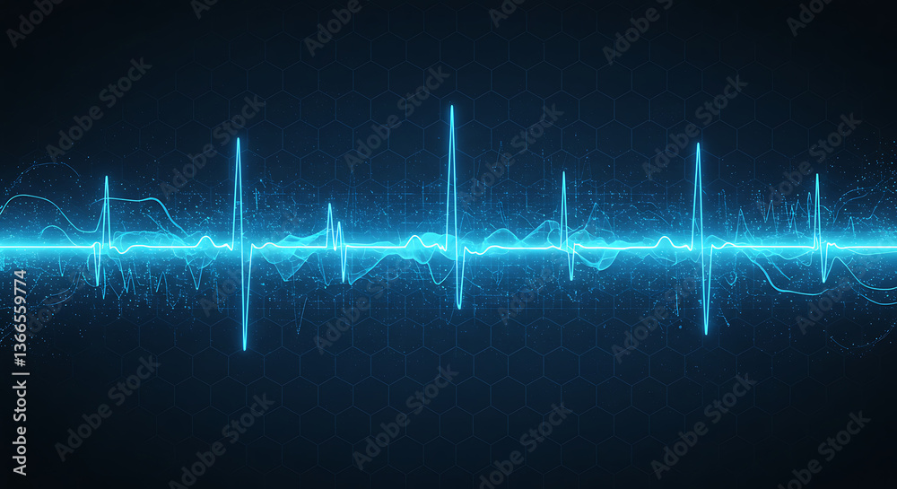 Glowing Heartbeat Line with Dark Hexagon Background for Medical Illustration