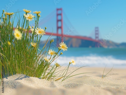 Scenic View of Golden Gate Bridge Framed by Wildflowers on a Beach in San Francisco, California during a Clear Day