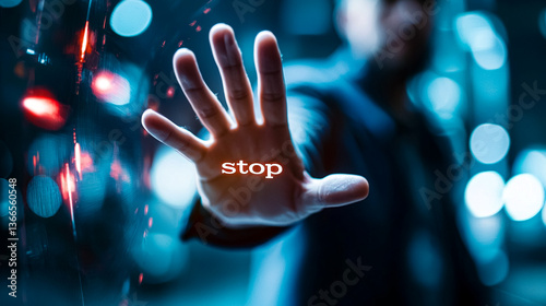 Illuminated Stop: A person's outstretched hand, illuminated with the word 