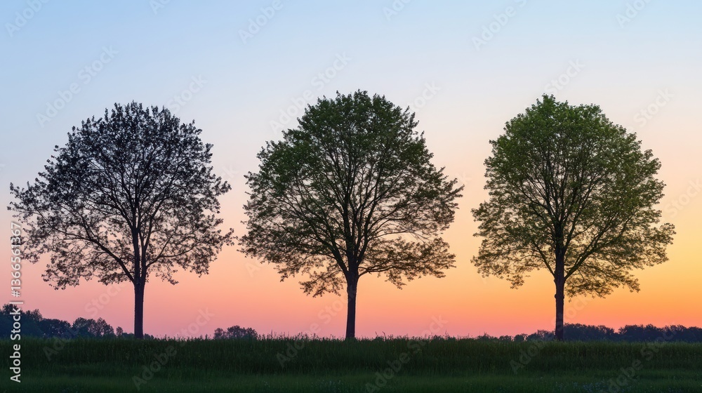 Obraz premium Three Trees Silhouetted Against A Vividly Colored Sunset Sky