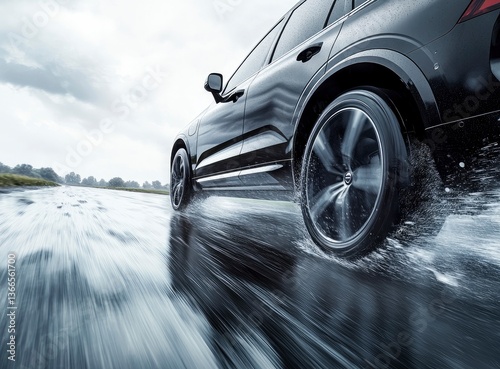 Driving Black Car on Wet Road Demonstrating Safe Tire Performance