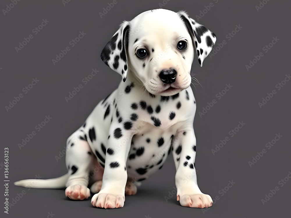 Adorable Dalmatian Puppy with Black Spots on Gray Background. Cute Dog, Young, Posed, Pet Portrait. Adorable Dalmatian Puppy with Black Spots on Gray Background. Cute Dog, Young, Posed, Pet Portrait.
