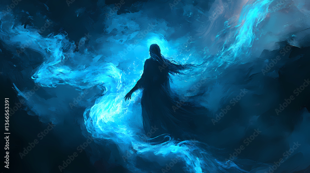 A luminous apparition manifests in swirling mist, casting an enchanting blue light that captivates the surroundings. Phantom Shimmer. Illustration A luminous apparition manifests in swirling mist, casting an enchanting blue light that captivates the surroundings. Phantom Shimmer. Illustration