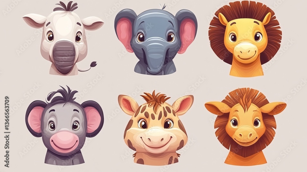 Obraz premium Cute cartoon animal heads collection for kids, elephant, lion, giraffe, monkey, zebra, animal faces