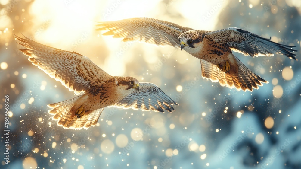 Fototapeta premium Two birds in flight, snowy landscape