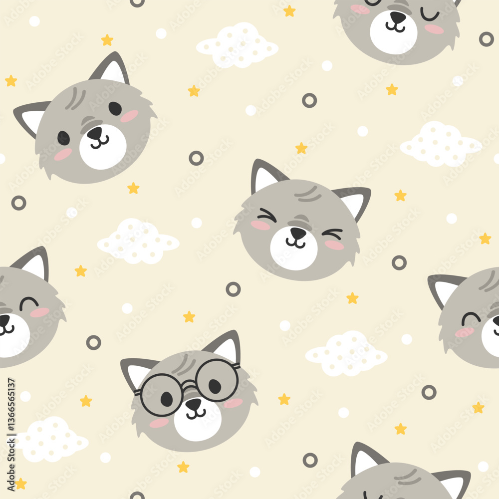 Cute cat hand drawn seamless pattern design for print on fabric and other uses.