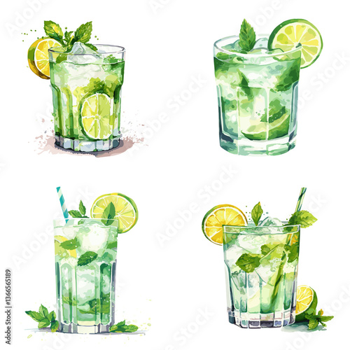 Cool mojito cocktails with lime slices, mint leaves, and ice cubes served in glasses. Ideal for summer drinks, bar menus, refreshing beverages, and tropical cocktail concepts.

