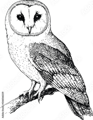  Vector Barn Owl Illustration, Black and White Detailed Sketch.